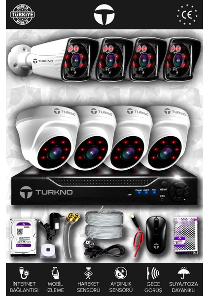 8 Kameralı Karia 4 Iç Kamera Set 100 GB HDD Full Hd Gece Görüşlü Güvenlik Kamerası Sistemi