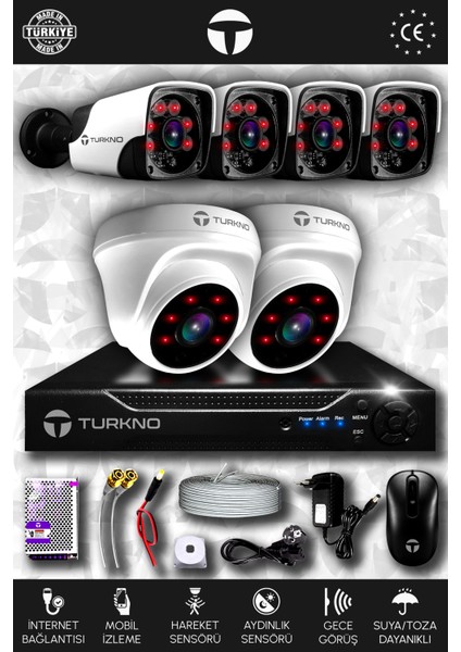 6 Kameralı Pania 2 Iç Kamera Set Hdd'siz Full Hd Gece Görüşlü Güvenlik Kamerası Sistemi