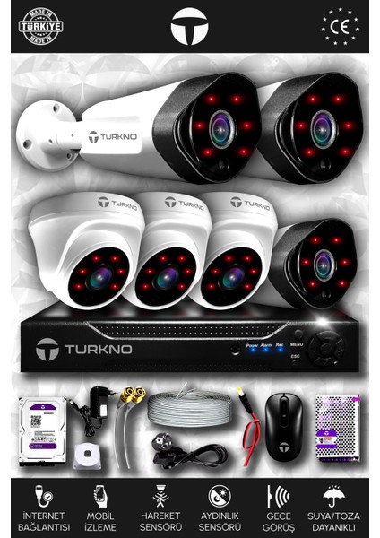 6 Kameralı Galia 3 Iç Kamera Set 250 GB HDD Full Hd Gece Görüşlü Güvenlik Kamerası Sistemi