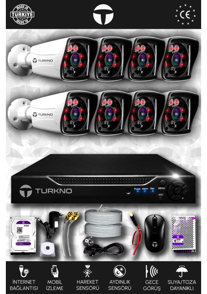 8 Kameralı Karia 8 Dış Kamera Set 100 GB HDD Full Hd Gece Görüşlü Güvenlik Kamerası Sistemi