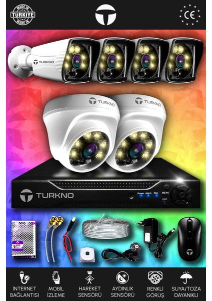 6 Kameralı Karie 2 Iç Kamera Set Hdd'siz Full Hd Renkli Gece Görüşlü Güvenlik Kamerası Sistemi