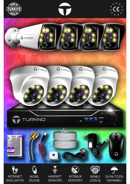 8 Kameralı Karie 4 Iç Kamera Set Hdd'siz Full Hd Renkli Gece Görüşlü Güvenlik Kamerası Sistemi