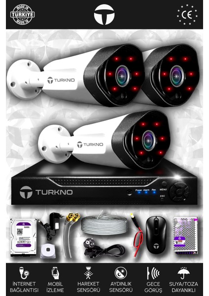 3 Kameralı Galia 3 Dış Kamera Set 250 GB HDD Full Hd Gece Görüşlü Güvenlik Kamerası Sistemi