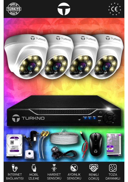 4 Kameralı Domie 4 Iç Kamera Set 100 GB HDD Full Hd Renkli Gece Görüşlü Güvenlik Kamerası Sistemi