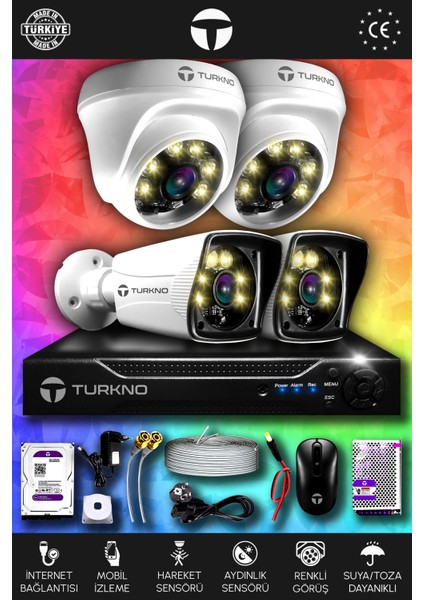 4 Kameralı Karie 2 Iç Kamera Set 500 GB HDD Full Hd Renkli Gece Görüşlü Güvenlik Kamerası Sistemi