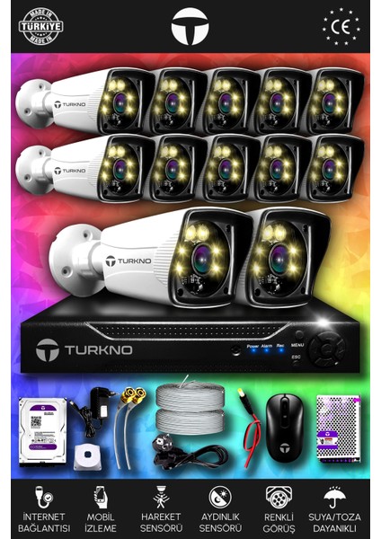 12 Kameralı Karie 12 Dış Kamera Set 500 GB HDD Full Hd Renkli Gece Görüşlü Güvenlik Kamerası Sistemi