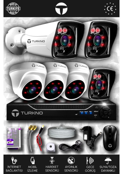 6 Kameralı Karia 3 Iç Kamera Set Hdd'siz Full Hd Gece Görüşlü Güvenlik Kamerası Sistemi