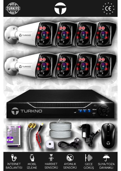 8 Kameralı Karia 8 Dış Kamera Set Hdd'siz Full Hd Gece Görüşlü Güvenlik Kamerası Sistemi