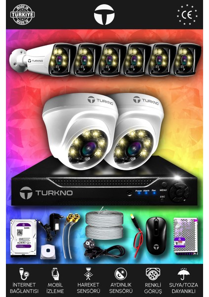 8 Kameralı Karie 2 Iç Kamera Set 320 GB HDD Full Hd Renkli Gece Görüşlü Güvenlik Kamerası Sistemi