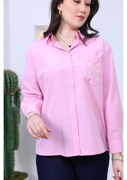 Cep Kısmı Nakışlı Pembe Gömlek