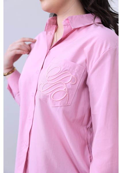 Cep Kısmı Nakışlı Pembe Gömlek fiyatları