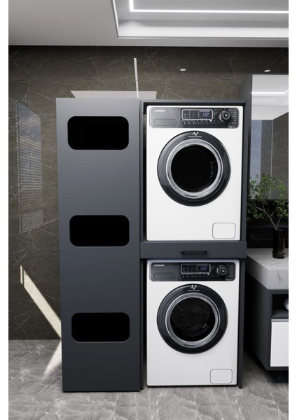 Washbox Banyo Kirli Sepetli Çamaşır Makinası Dolabı ve Kurutma Makinası Dolabı Antrasit