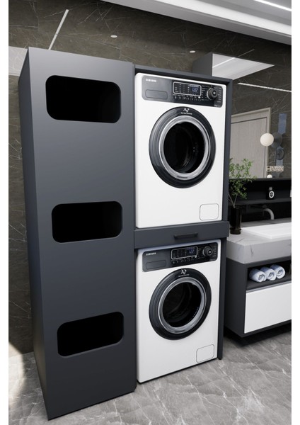 Washbox Banyo Kirli Sepetli Çamaşır Makinası Dolabı ve Kurutma Makinası Dolabı Antrasit indirimleri