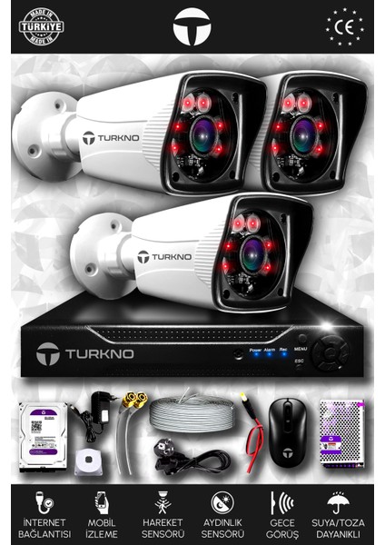3 Kameralı Karia 3 Dış Kamera Set 500 GB HDD Full Hd Gece Görüşlü Güvenlik Kamerası Sistemi