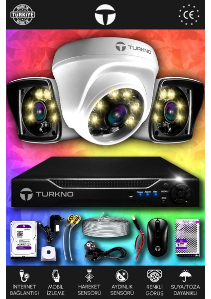 3 Kameralı Karie 1 Iç Kamera Set 250 GB HDD Full Hd Renkli Gece Görüşlü Güvenlik Kamerası Sistemi