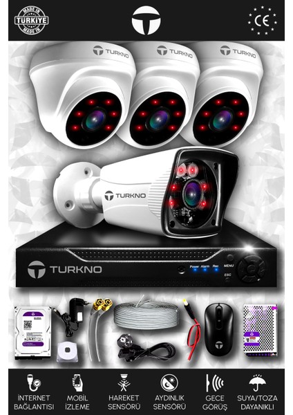 4 Kameralı Karia 3 Iç Kamera Set 2 Tb HDD Full Hd Gece Görüşlü Güvenlik Kamerası Sistemi