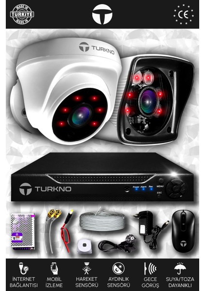 2 Kameralı Karia 1 Iç Kamera Set Hdd'siz Full Hd Gece Görüşlü Güvenlik Kamerası Sistemi