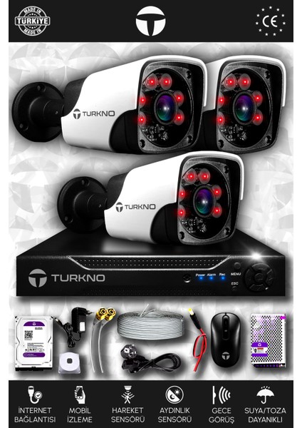 3 Kameralı Pania 3 Dış Kamera Set 500 GB HDD Full Hd Gece Görüşlü Güvenlik Kamerası Sistemi