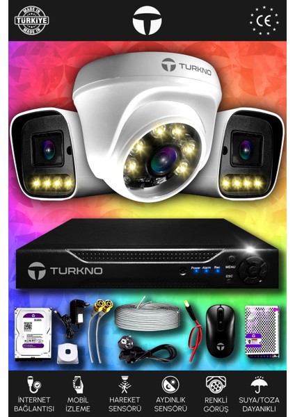 3 Kameralı Navie 1 Iç Kamera Set 2 Tb HDD Full Hd Renkli Gece Görüşlü Güvenlik Kamerası Sistemi