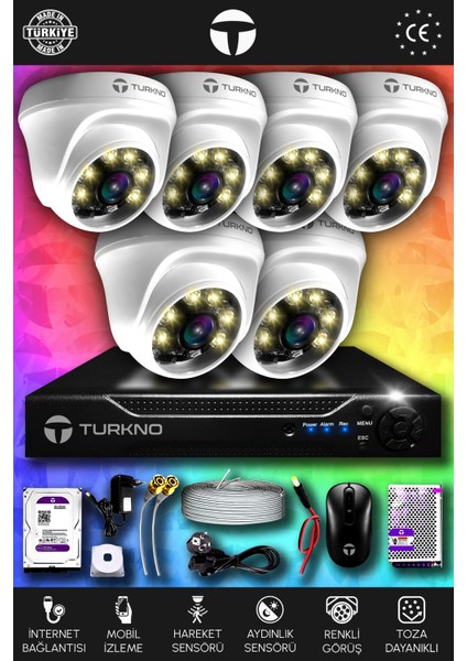 6 Kameralı Domie 6 Iç Kamera Set 250 GB HDD Full Hd Renkli Gece Görüşlü Güvenlik Kamerası Sistemi