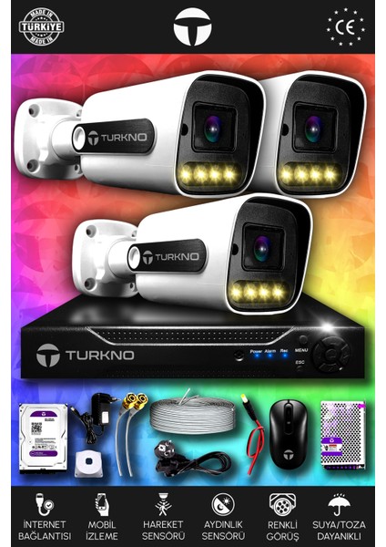 3 Kameralı Navie 3 Dış Kamera Set 250 GB HDD Full Hd Renkli Gece Görüşlü Güvenlik Kamerası Sistemi