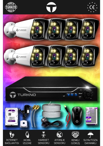 8 Kameralı Karie 8 Dış Kamera Set 100 GB HDD Full Hd Renkli Gece Görüşlü Güvenlik Kamerası Sistemi