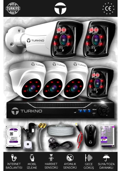 6 Kameralı Karia 3 Iç Kamera Set 100 GB HDD Full Hd Gece Görüşlü Güvenlik Kamerası Sistemi