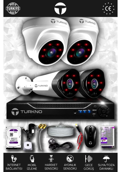 4 Kameralı Galia 2 Iç Kamera Set 500 GB HDD Full Hd Gece Görüşlü Güvenlik Kamerası Sistemi