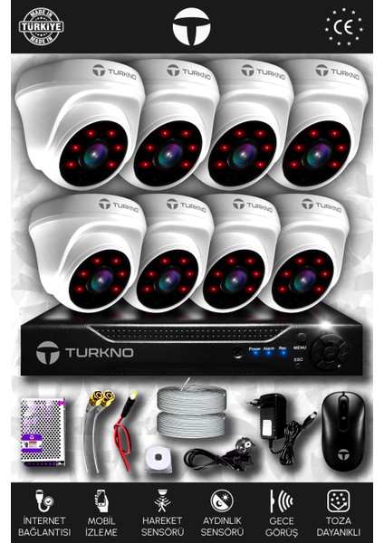 8 Kameralı Domia 8 Iç Kamera Set Hdd'siz Full Hd Gece Görüşlü Güvenlik Kamerası Sistemi
