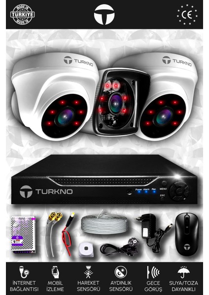 3 Kameralı Karia 2 Iç Kamera Set Hdd'siz Full Hd Gece Görüşlü Güvenlik Kamerası Sistemi