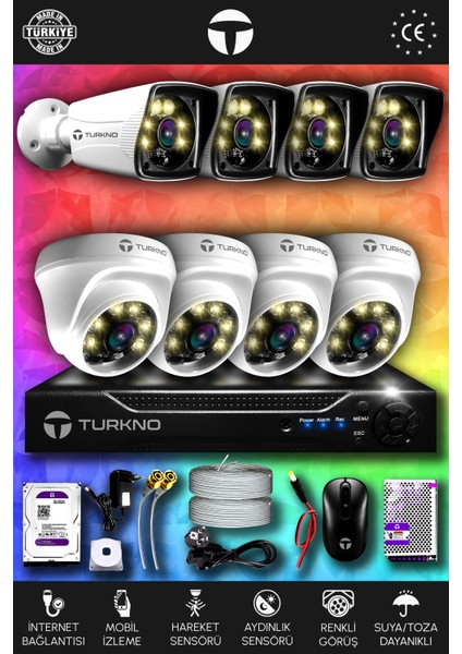 8 Kameralı Karie 4 Iç Kamera Set 100 GB HDD Full Hd Renkli Gece Görüşlü Güvenlik Kamerası Sistemi