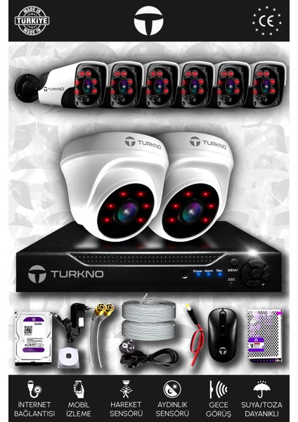 8 Kameralı Pania 2 Iç Kamera Set 2 Tb HDD Full Hd Gece Görüşlü Güvenlik Kamerası Sistemi
