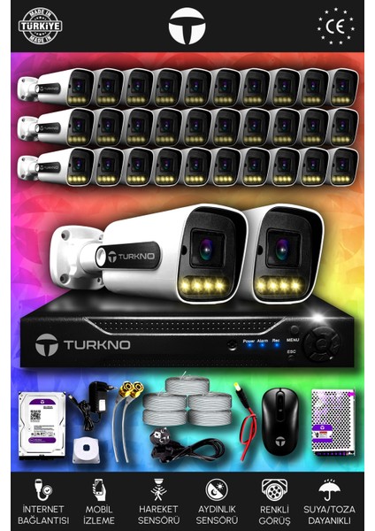 32 Kameralı Navie 32 Dış Kamera Set 100 GB HDD Full Hd Renkli Gece Görüşlü Güvenlik Kamerası Sistemi