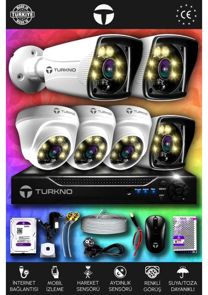 6 Kameralı Karie 3 Iç Kamera Set 1 Tb HDD Full Hd Renkli Gece Görüşlü Güvenlik Kamerası Sistemi