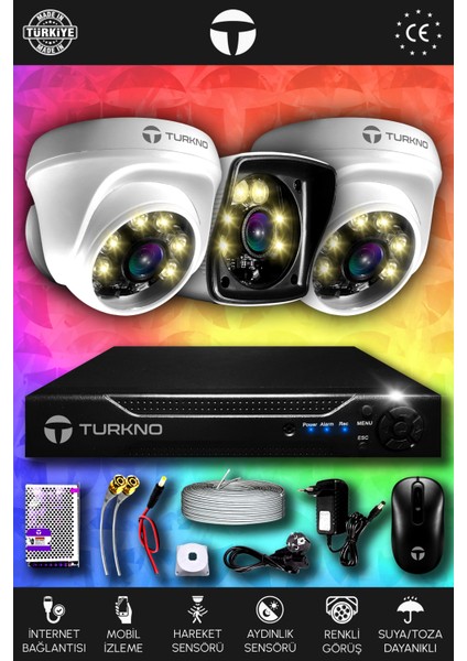 3 Kameralı Karie 2 Iç Kamera Set Hdd'siz Full Hd Renkli Gece Görüşlü Güvenlik Kamerası Sistemi