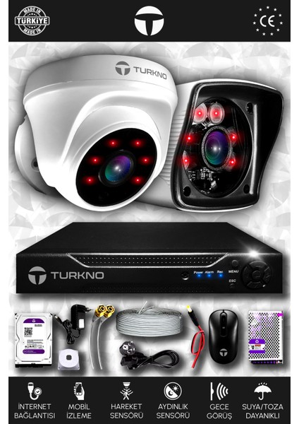 2 Kameralı Karia 1 Iç Kamera Set 100 GB HDD Full Hd Gece Görüşlü Güvenlik Kamerası Sistemi