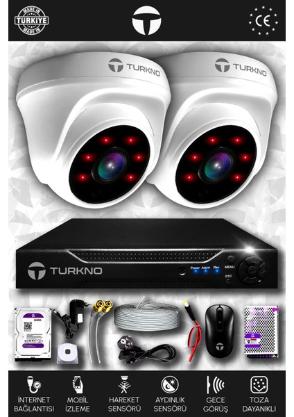 2 Kameralı Domia 2 Iç Kamera Set 500 GB HDD Full Hd Gece Görüşlü Güvenlik Kamerası Sistemi