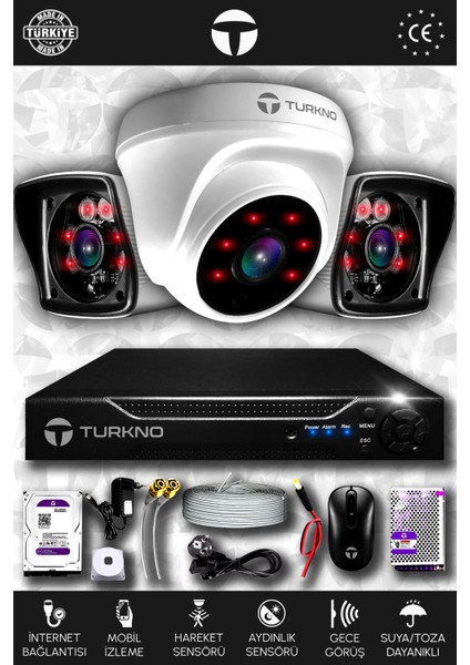 3 Kameralı Karia 1 Iç Kamera Set 100 GB HDD Full Hd Gece Görüşlü Güvenlik Kamerası Sistemi