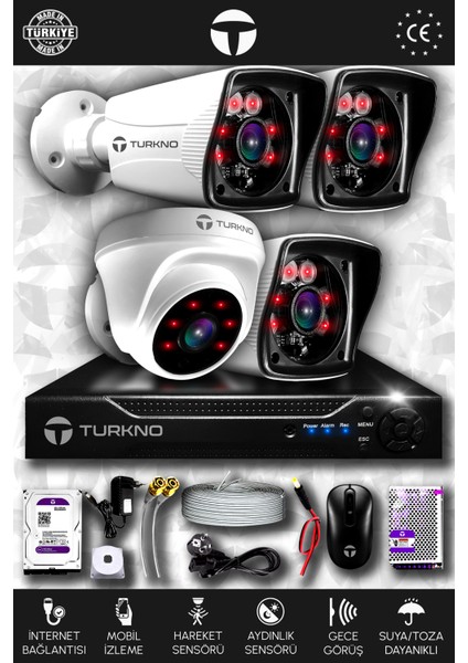 4 Kameralı Karia 1 Iç Kamera Set 100 GB HDD Full Hd Gece Görüşlü Güvenlik Kamerası Sistemi