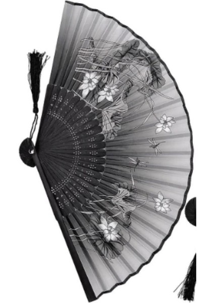 Yelpaze Bambu Kumaş Serinletici Vintage Siyah Şık Dekorasyon Püsküllü Japon Yelpaze 0365