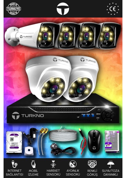 6 Kameralı Karie 2 Iç Kamera Set 2 Tb HDD Full Hd Renkli Gece Görüşlü Güvenlik Kamerası Sistemi