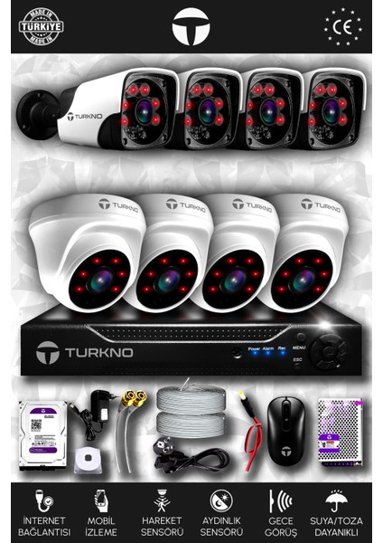 8 Kameralı Pania 4 Iç Kamera Set 250 GB HDD Full Hd Gece Görüşlü Güvenlik Kamerası Sistemi