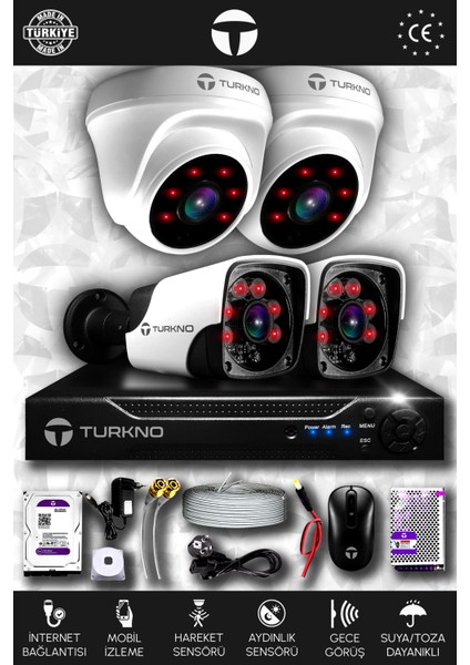 4 Kameralı Pania 2 Iç Kamera Set 250 GB HDD Full Hd Gece Görüşlü Güvenlik Kamerası Sistemi