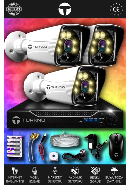 3 Kameralı Karie 3 Dış Kamera Set Hdd'siz Full Hd Renkli Gece Görüşlü Güvenlik Kamerası Sistemi