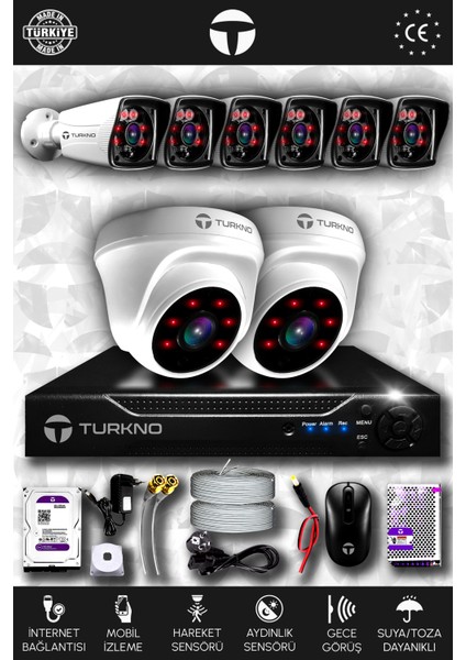 8 Kameralı Karia 2 Iç Kamera Set 100 GB HDD Full Hd Gece Görüşlü Güvenlik Kamerası Sistemi