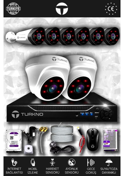 8 Kameralı Galia 2 Iç Kamera Set 250 GB HDD Full Hd Gece Görüşlü Güvenlik Kamerası Sistemi