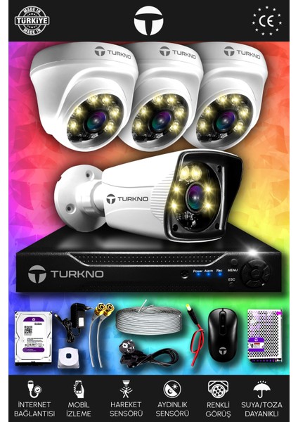 4 Kameralı Karie 3 Iç Kamera Set 100 GB HDD Full Hd Renkli Gece Görüşlü Güvenlik Kamerası Sistemi