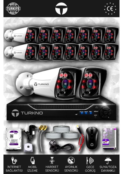 16 Kameralı Karia 16 Dış Kamera Set 2 Tb HDD Full Hd Gece Görüşlü Güvenlik Kamerası Sistemi