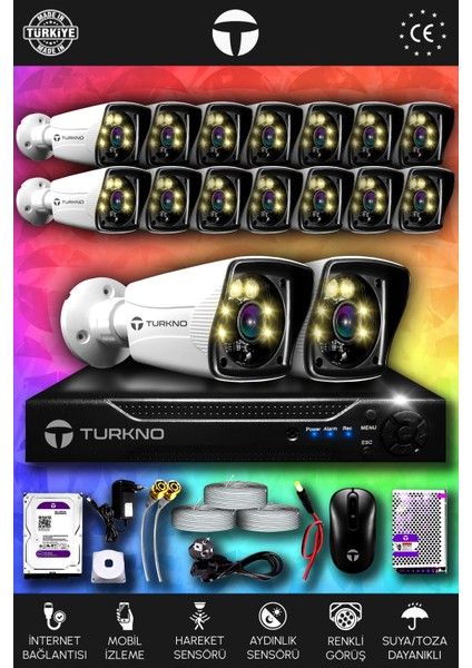 16 Kameralı Karie 16 Dış Kamera Set 2 Tb HDD Full Hd Renkli Gece Görüşlü Güvenlik Kamerası Sistemi