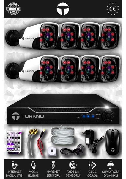 8 Kameralı Pania 8 Dış Kamera Set Hdd'siz Full Hd Gece Görüşlü Güvenlik Kamerası Sistemi